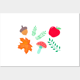 Autumn pattern with leaves, mushrooms, acorns and apples Posters and Art